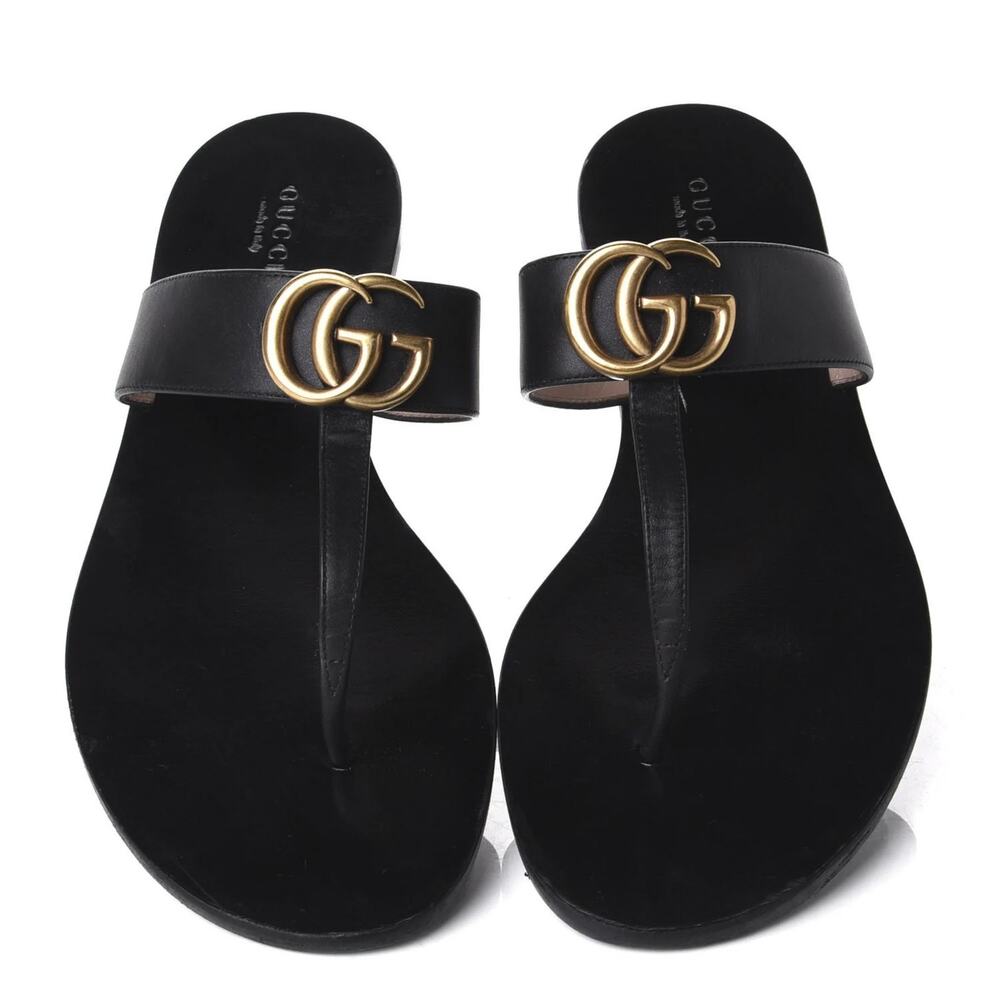 GUCCI GG Marmont Black Leather Thong Flat Sandals Size 39